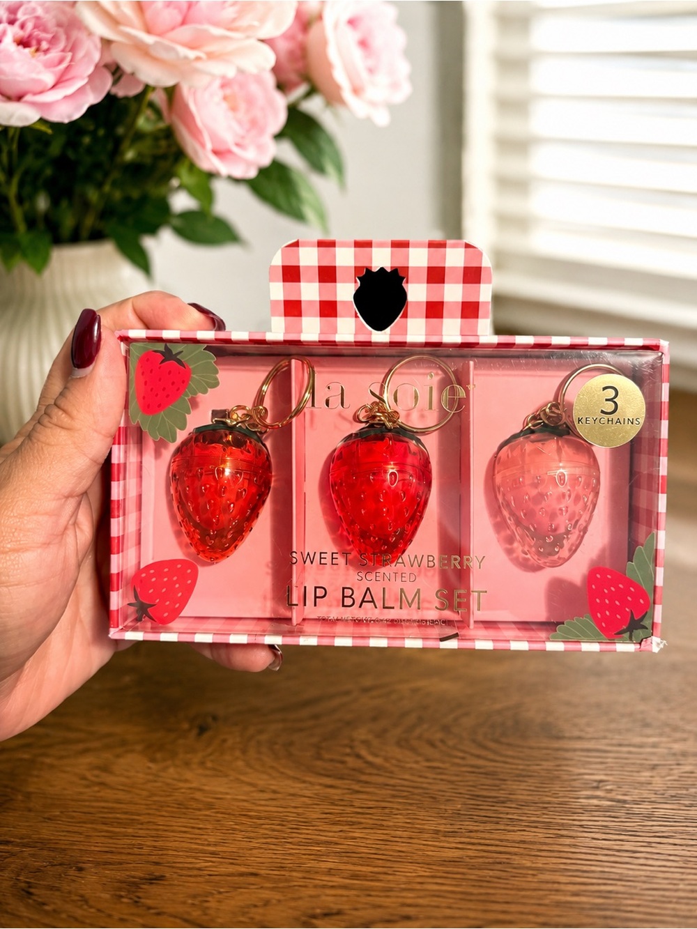 La Coie Sweet Strawberry Lip Balm Keychain Set 3 Pc Gift Set New